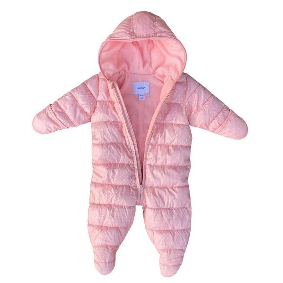 Old Navy Baby Polka Dot Quilted Snowsuit Sz 6-12mos Pink One-Piece Winter Girly - Picture 3 of 13